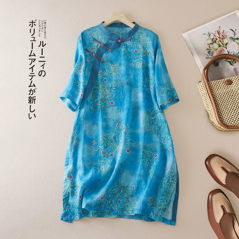 Floral Print Cotton Linen Half Sleeve Shirt with Embroidery