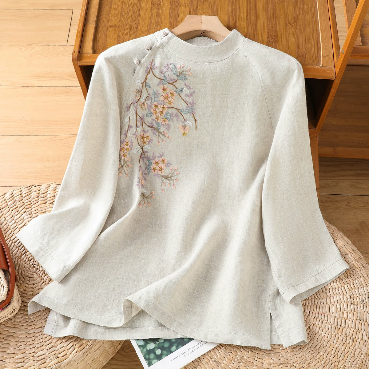 Embroidered Cotton Linen Three Quarter Sleeve Shirt