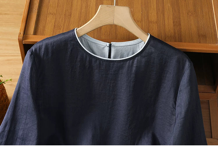 Cotton Linen Three Quarter Sleeve Shirt with Contrast Trim