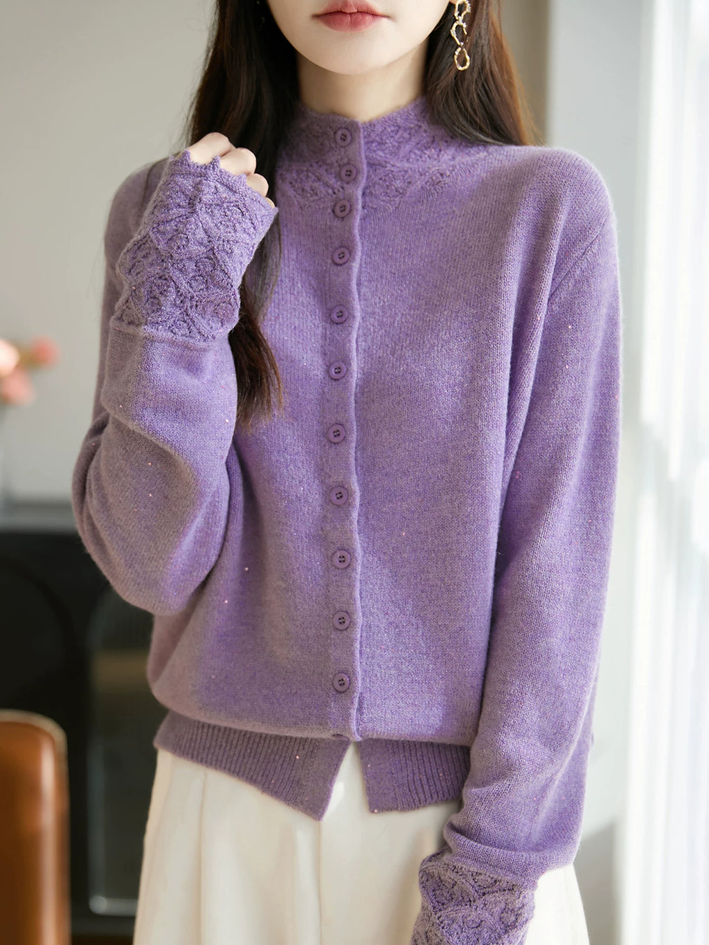 Soft Knit Cardigan with Lace Trim & Shiny Flecks