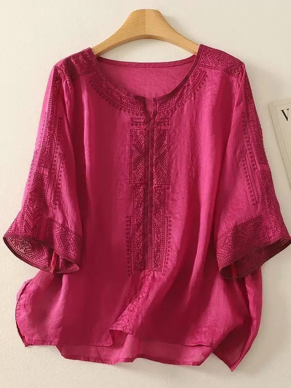 Embroidered Relaxed Top with Front Slit
