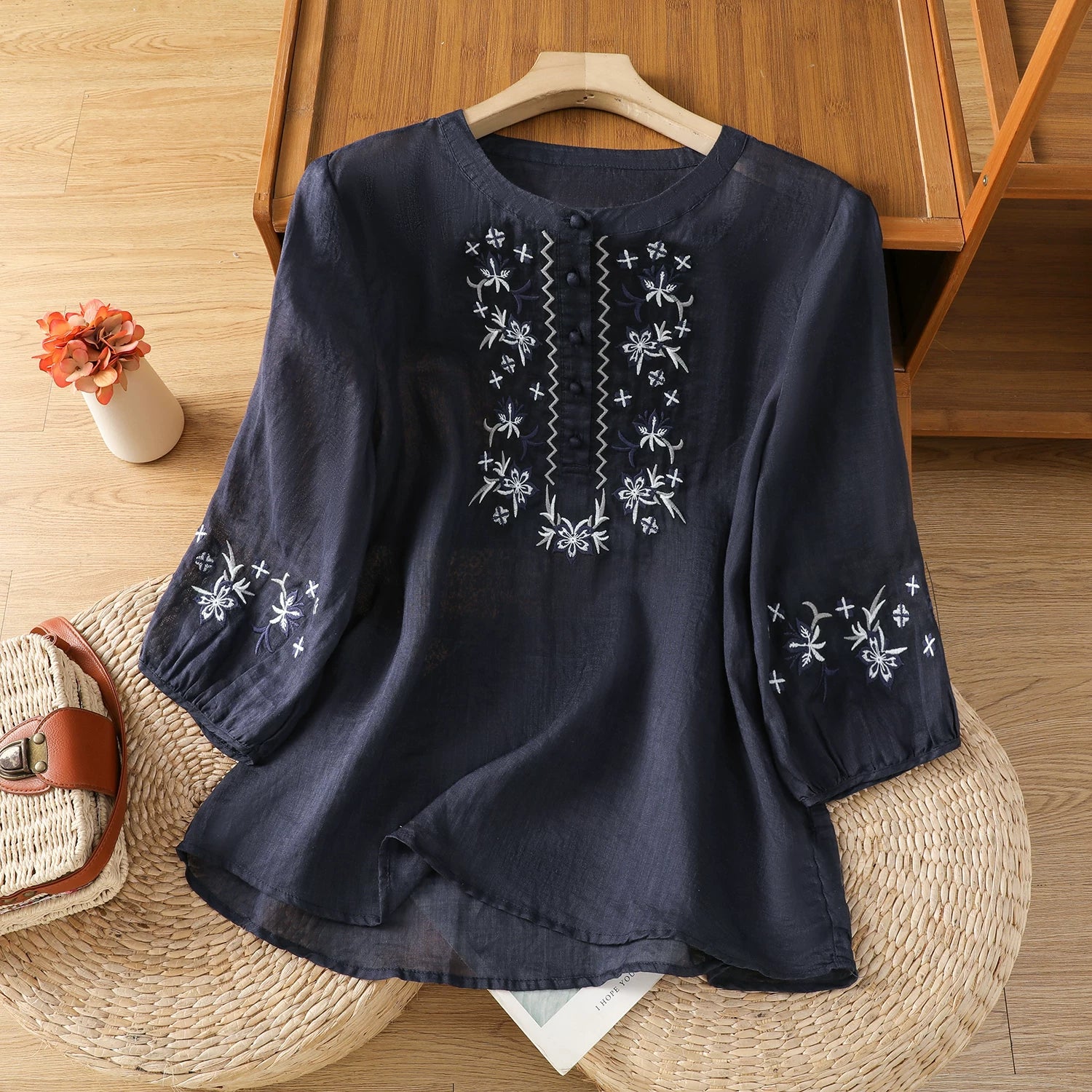 Embroidered Blouse with Elbow-Length Sleeves
