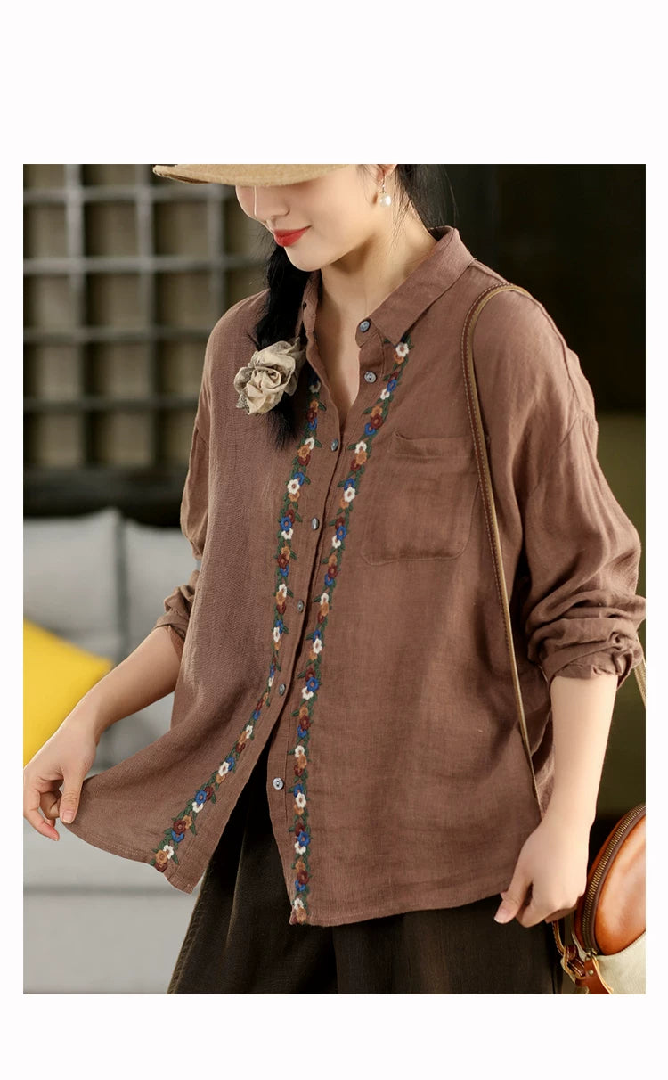 100% Linen Button-Front Top with Floral Embroidery