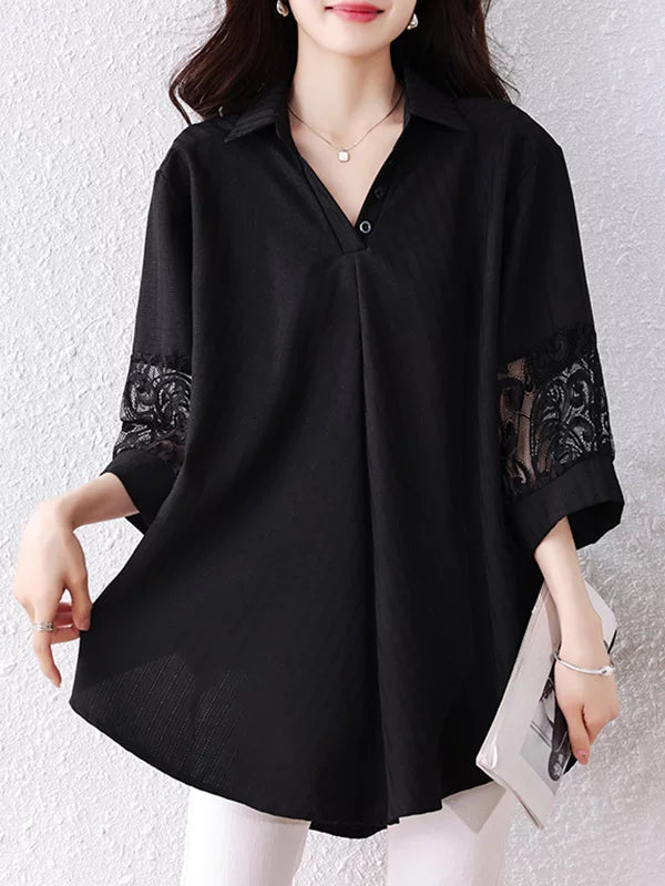 Black Tunic Top with Lace Cuff Trim