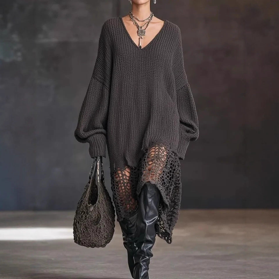 Oversized Knit Dress with V-Neck & Mesh Hem