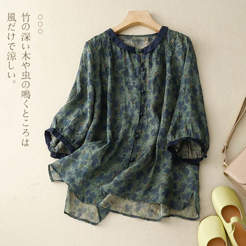 Floral Print Cotton Linen Three Quarter Sleeve Shirt