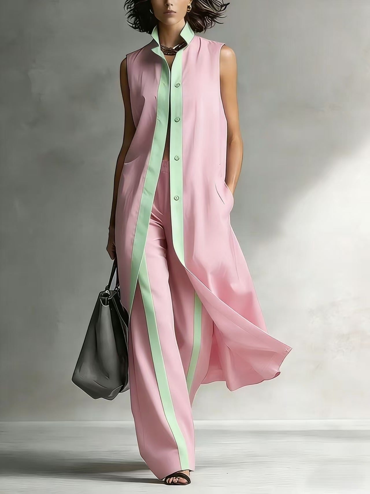 Relaxed Two-Piece Set with Stand Collar & Contrast Piping