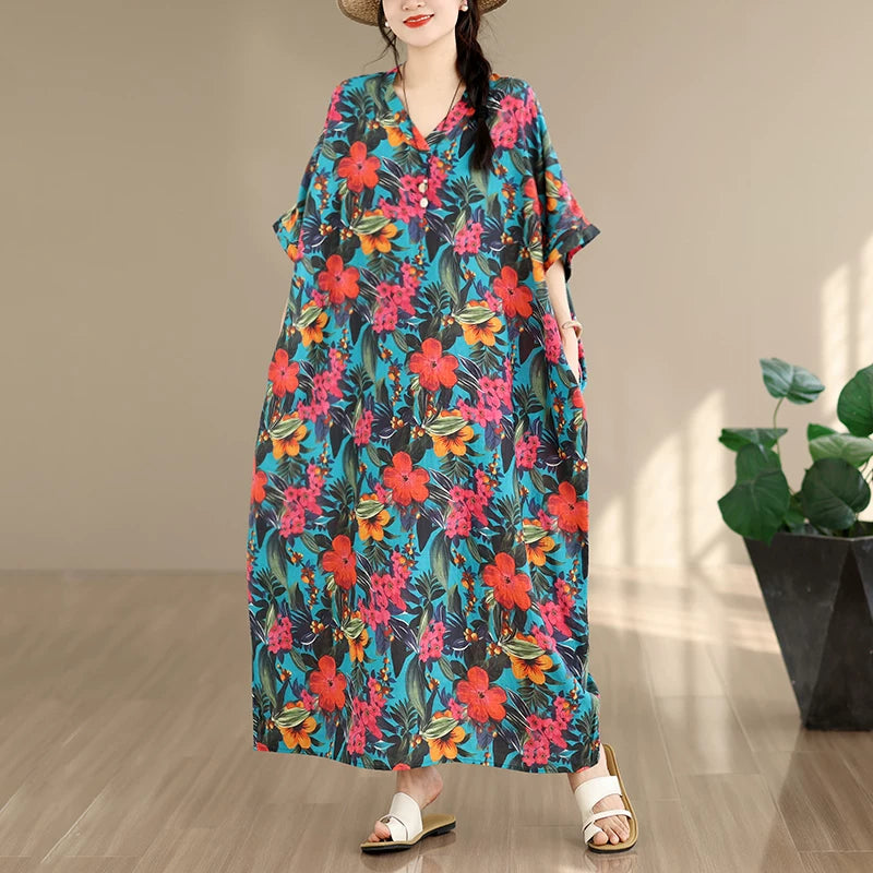 Floral Tie-Dye V-Neck Maxi Dress - Relaxed Fit