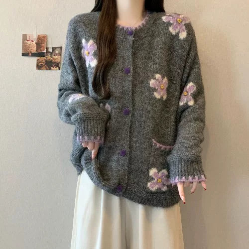 Gray Floral Embroidered Knit Cardigan Sweater