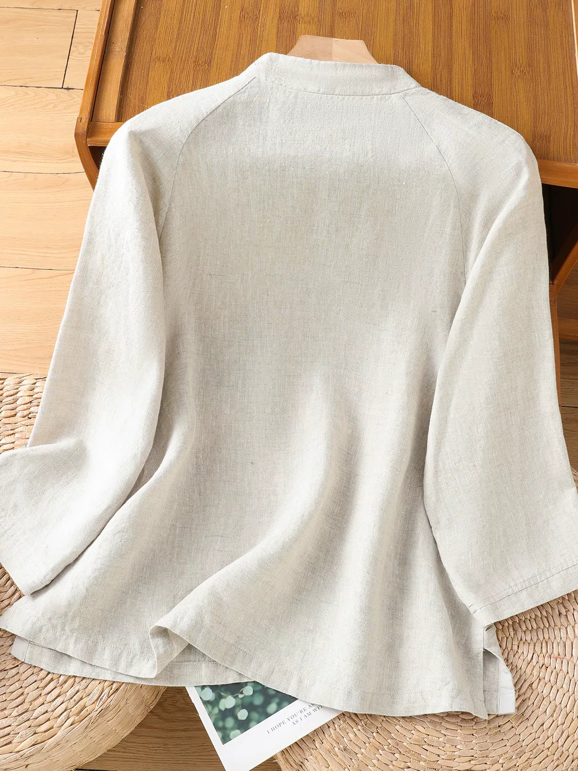 Embroidered Cotton Linen Three Quarter Sleeve Shirt