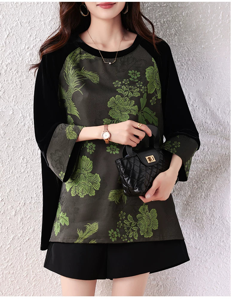 Jacquard Top with Velvet-Sleeve Contrast