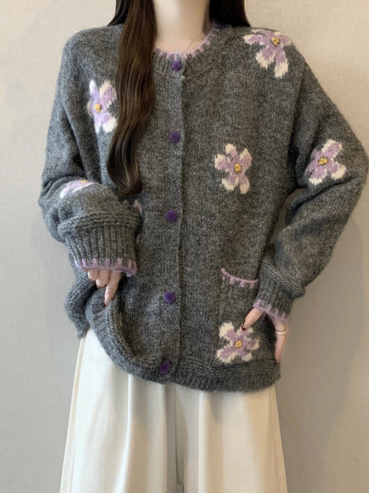 Gray Floral Embroidered Knit Cardigan Sweater