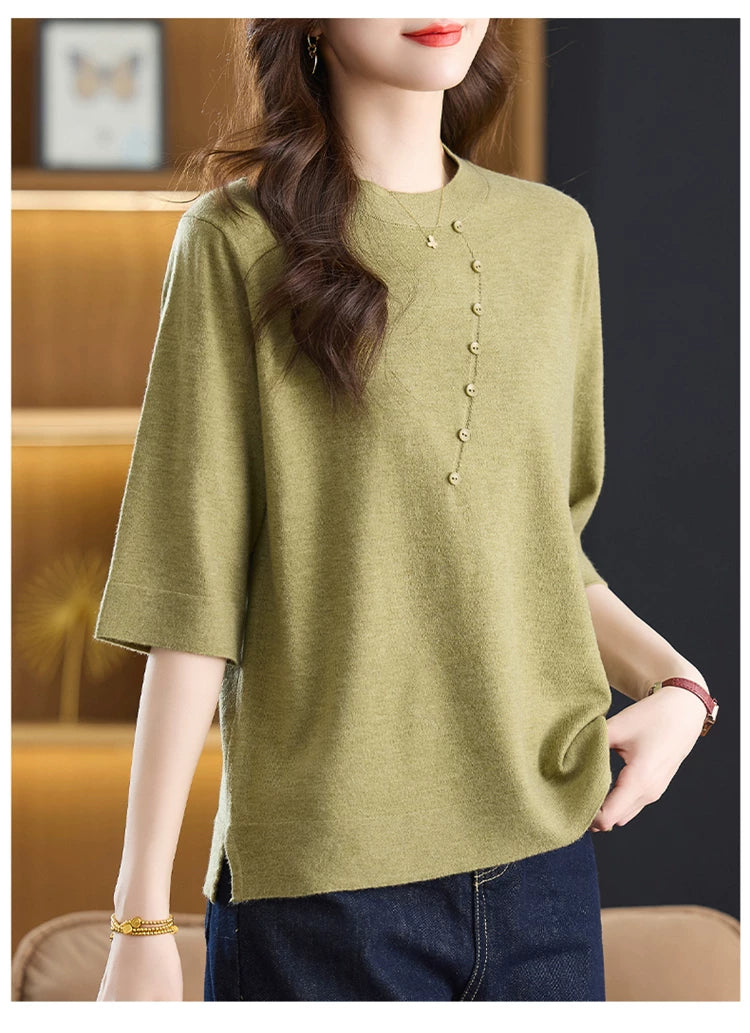 Relaxed Knit Top with Front Button Trim