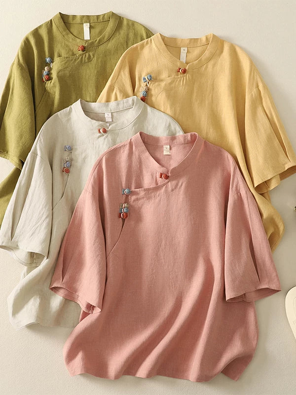 Cotton Linen Half Sleeve Shirt with Asymmetrical Placket