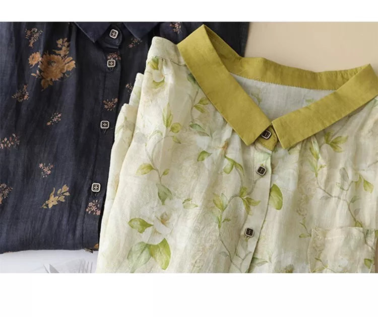 Floral Print Cotton Linen Three Quarter Sleeve Shirt