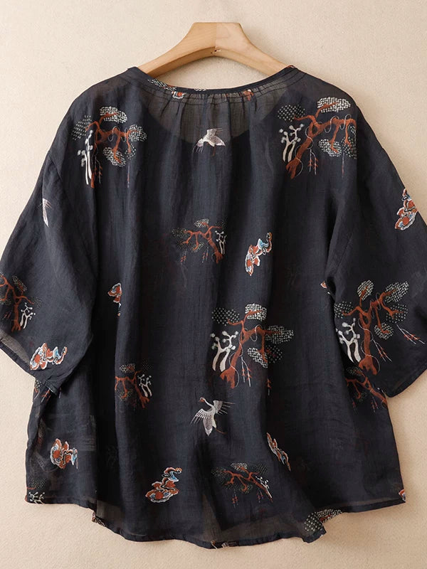 Crane Print Cotton Linen Half Sleeve Shirt