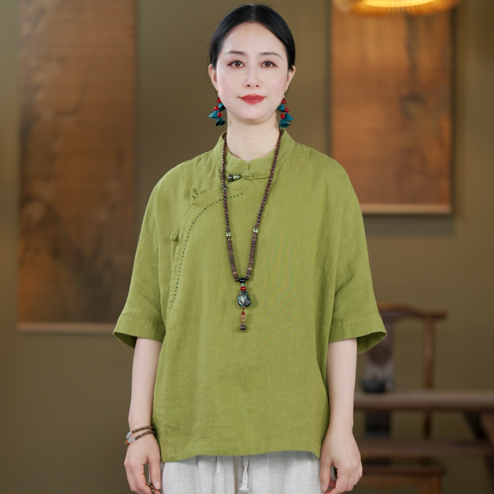 100% Linen Top with Mandarin Collar & Asymmetrical Front