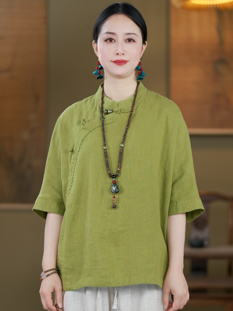 100% Linen Top with Mandarin Collar & Asymmetrical Front