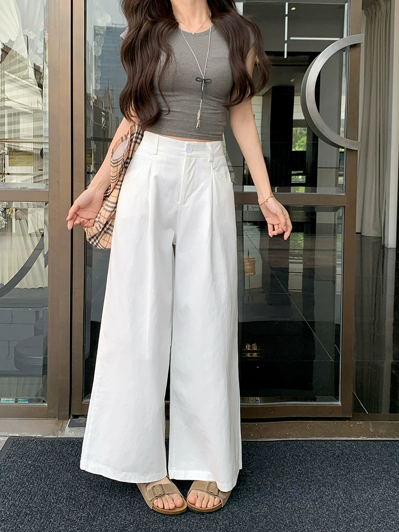 Wide-Leg Pleated Pants in Linen-Look Texture