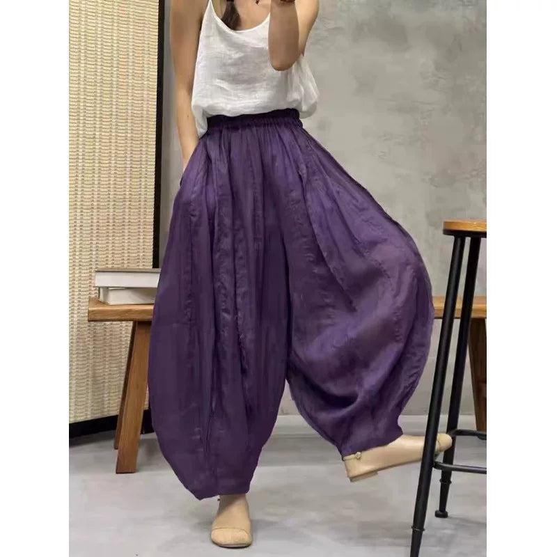 Balloon-Leg Pants in Linen-Look Textured Fabric