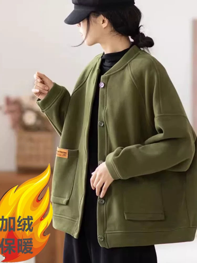 Oversized Brushed-Lined Knit Jacket, Hip-Length