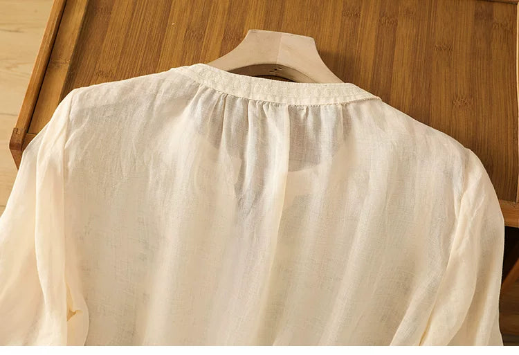 Embroidered Three Quarter Sleeve Cotton Linen Shirt