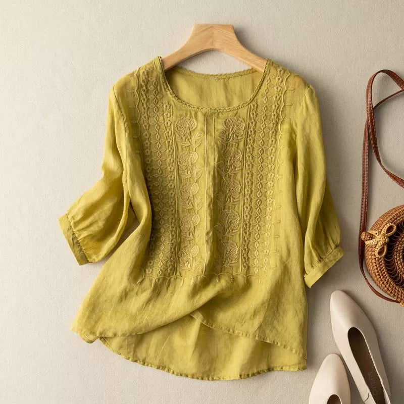 Embroidered Relaxed Top with Elbow-Length Sleeves