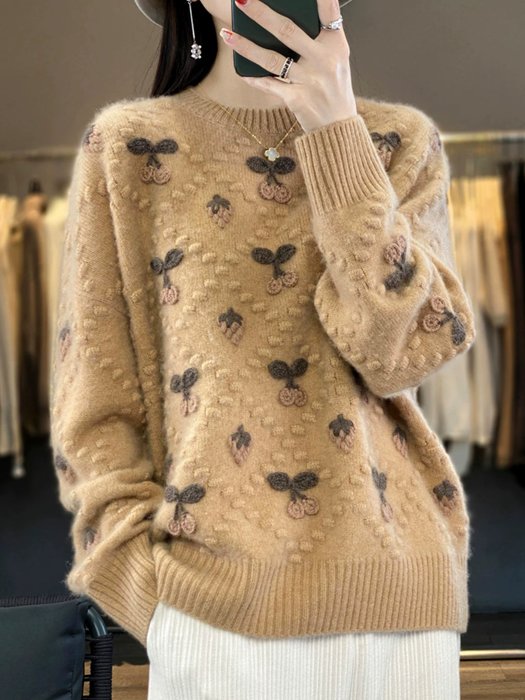 Cherry Motif Knit Sweater - Relaxed Pullover