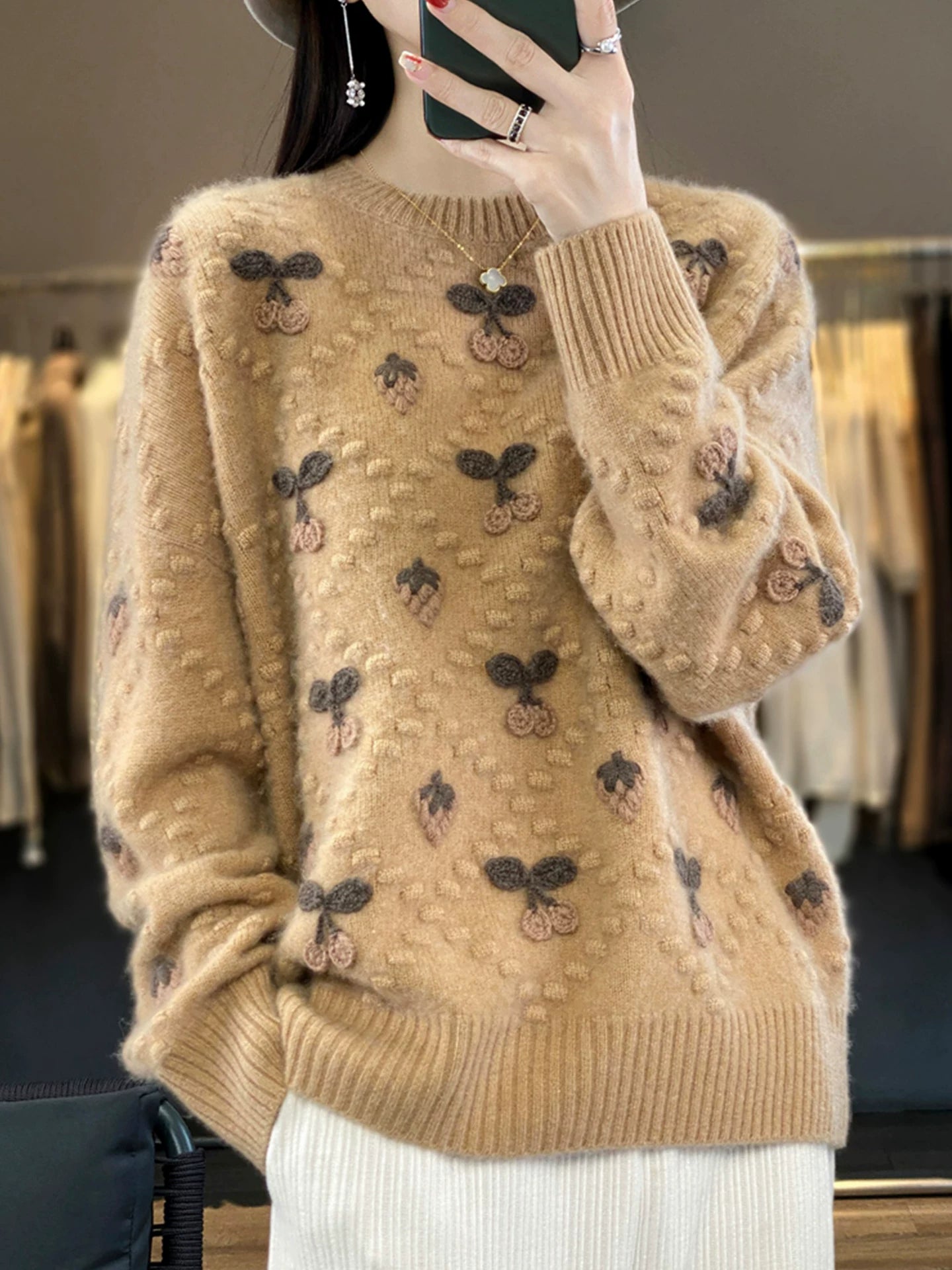 Cherry Motif Knit Sweater - Relaxed Pullover