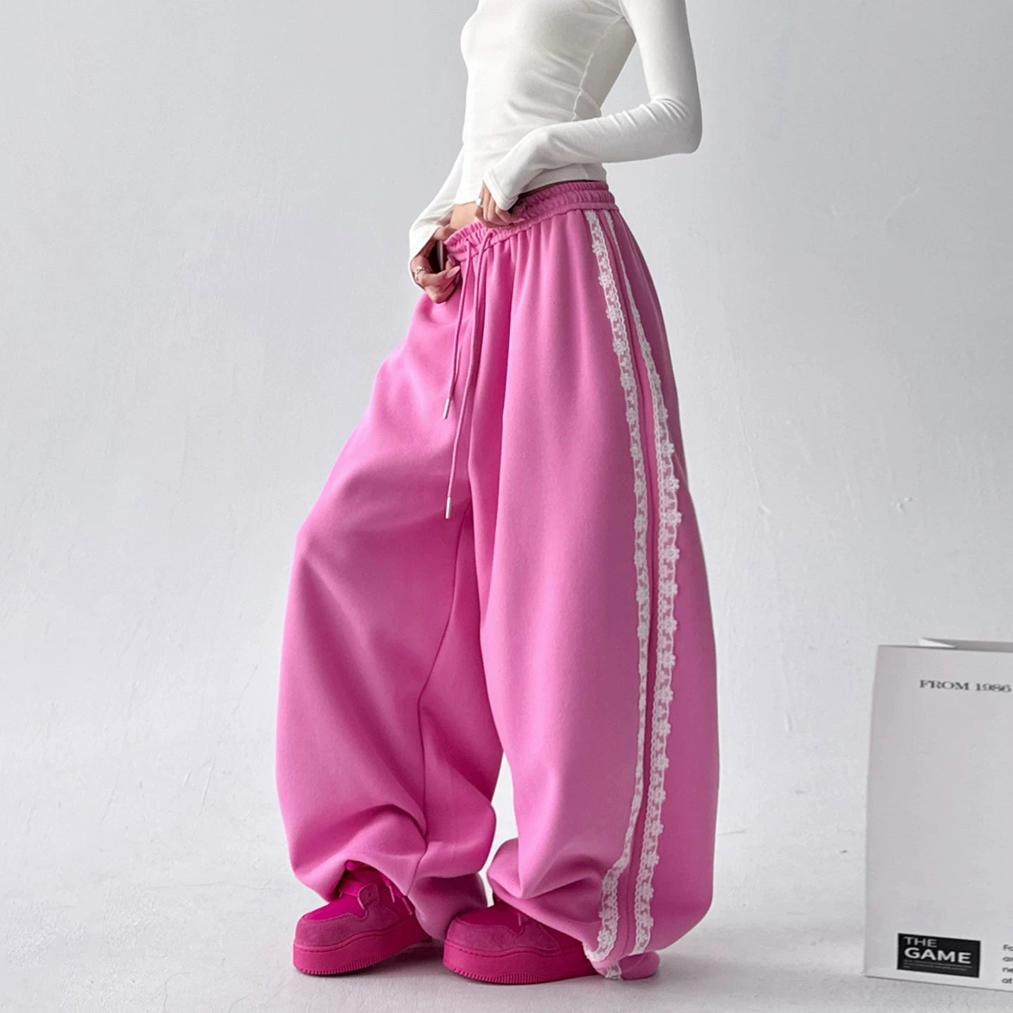 Korean-Style Lace-Trimmed Straight Leg Sweatpants