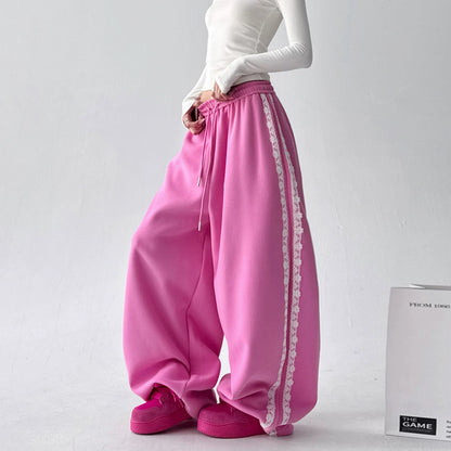 Korean-Style Lace-Trimmed Straight Leg Sweatpants