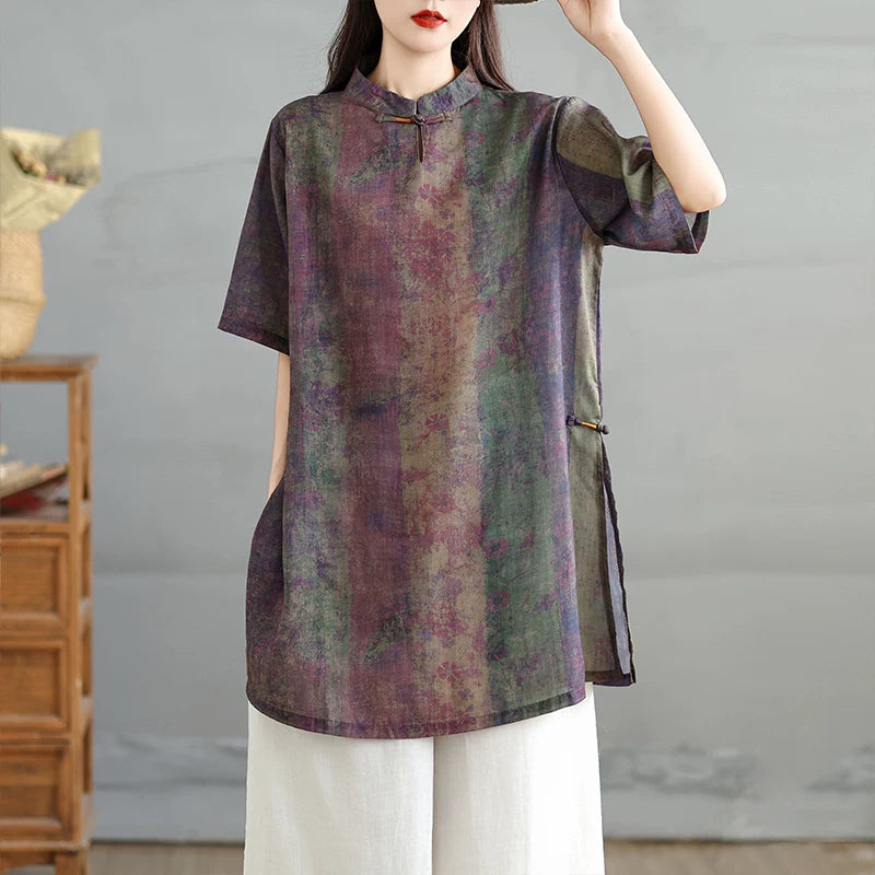 Vintage Print Linen Short Sleeve Shirt for Women - Summer Loose Fit with Slanted Lapel and Button Closure