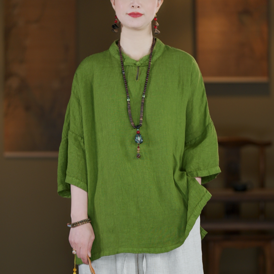 100% Linen Boxed Top with Stand Collar & Elbow Sleeves
