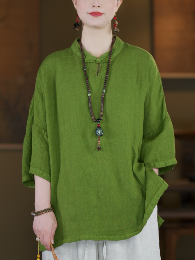 100% Linen Boxed Top with Stand Collar & Elbow Sleeves