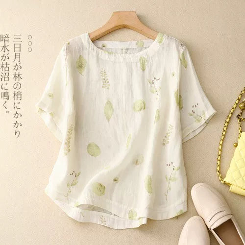 Botanical Print Cotton Linen Half Sleeve Shirt