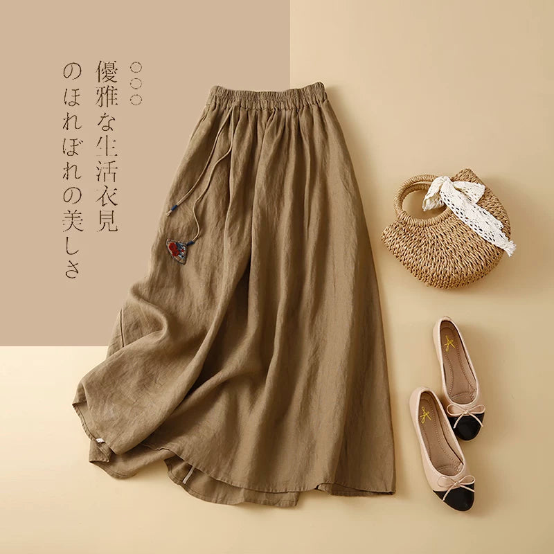 Embroidered Floral Pendant A-Line Midi Skirt, 100% Ramie