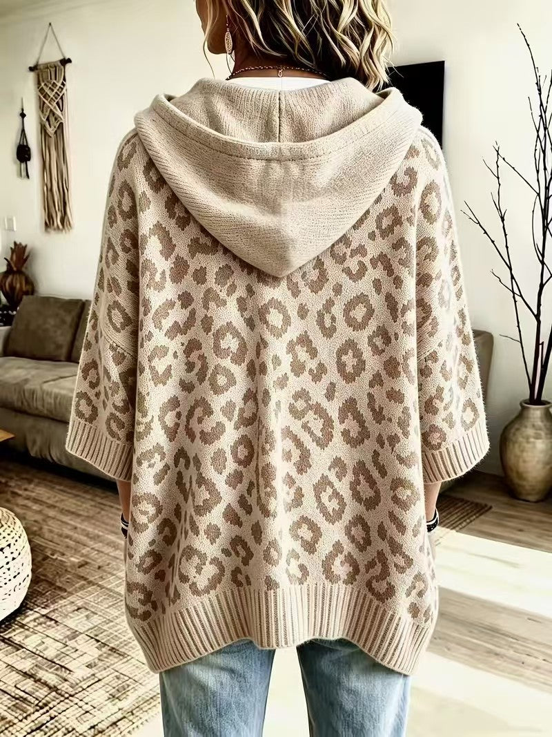 Leopard Jacquard Hooded Knit Top, Oversized Pullover