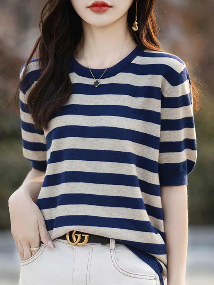 Striped Knit Top with Elbow-Length Sleeves
