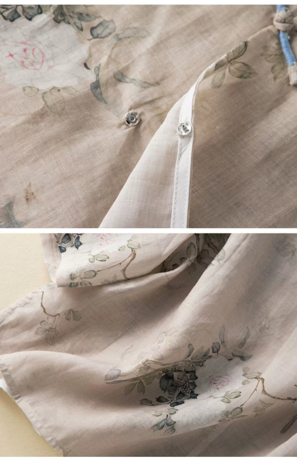 Botanical Bird Print Cotton Linen Three Quarter Sleeve Shirt