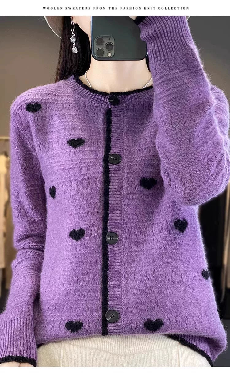 Heart-Motif Wool-Like Knit Cardigan, Relaxed Hip-Length