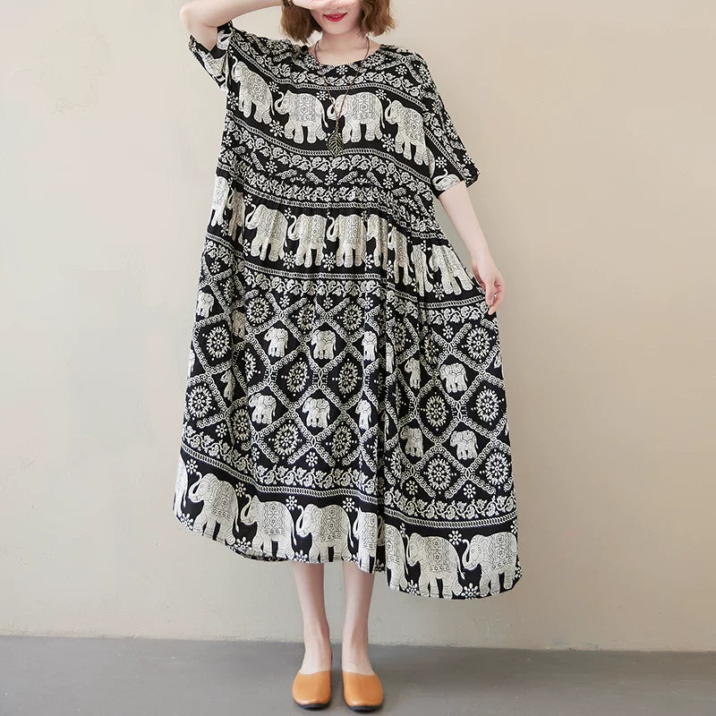 Floral Cotton Blend Midi Dress - Plus Size