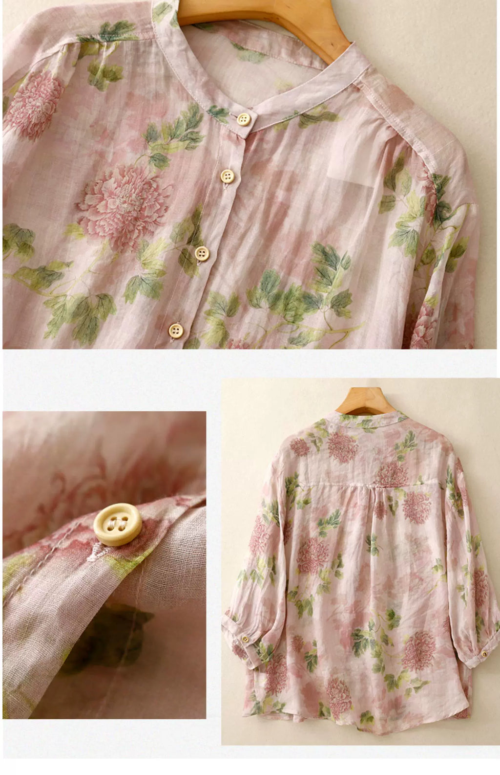 Floral Print Cotton Linen Three Quarter Sleeve Shirt