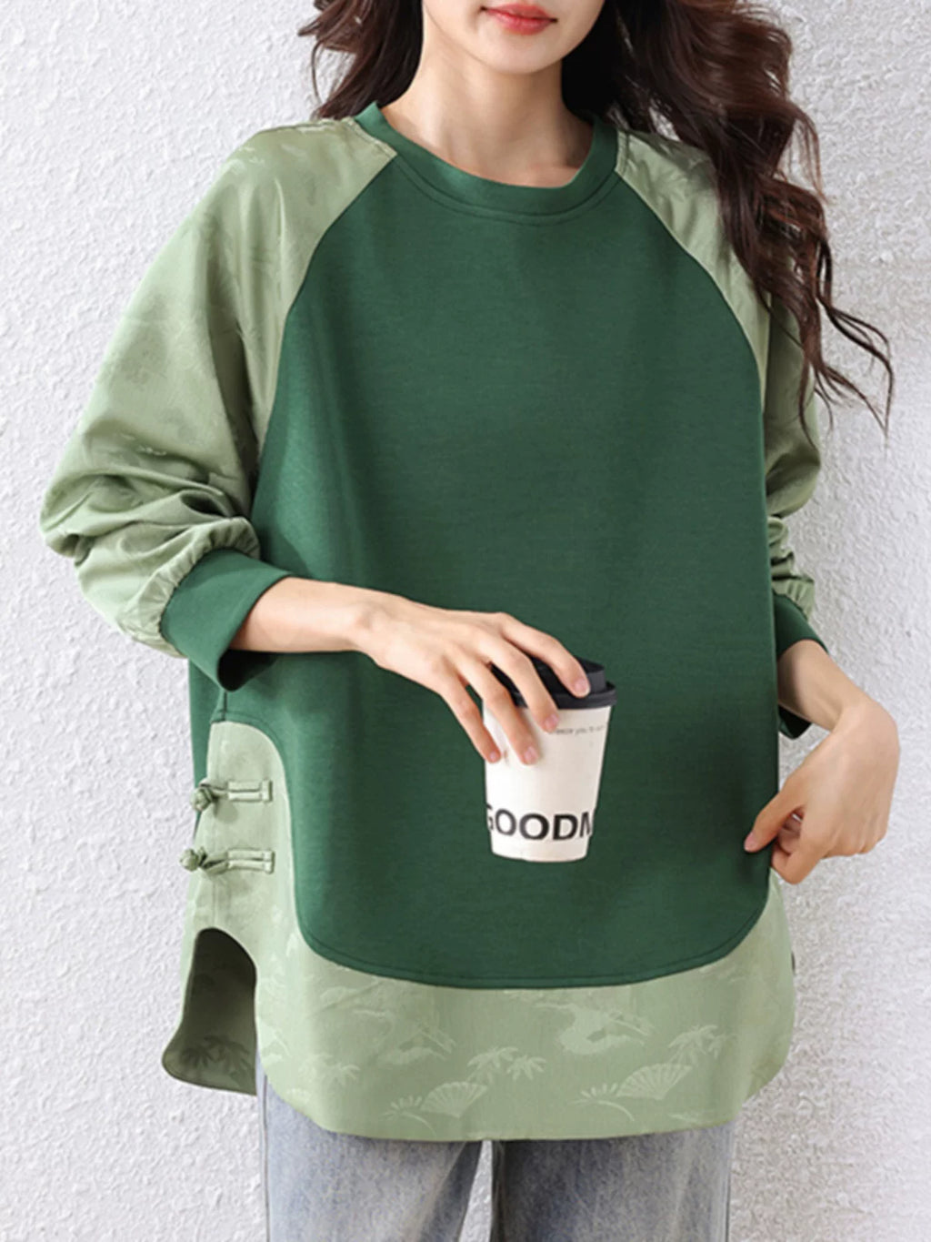 Contrast Raglan Woven Top with Knot Detail