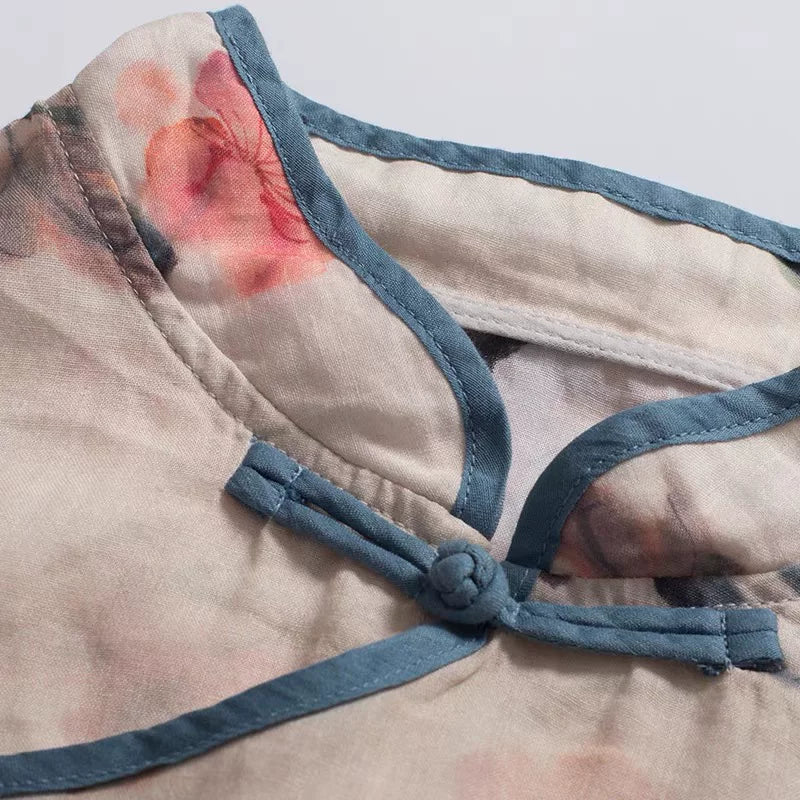 Floral Print Cotton Linen Three Quarter Sleeve Shirt
