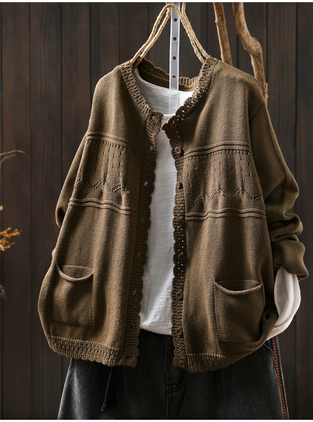 Soft Knit Cardigan with Openwork Panels & Ruffles