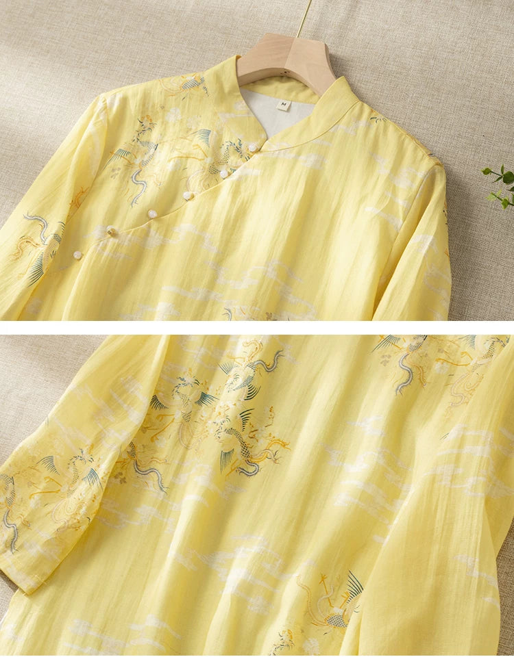Dragon Crane Print Cotton Linen Three Quarter Sleeve Maxi Dress