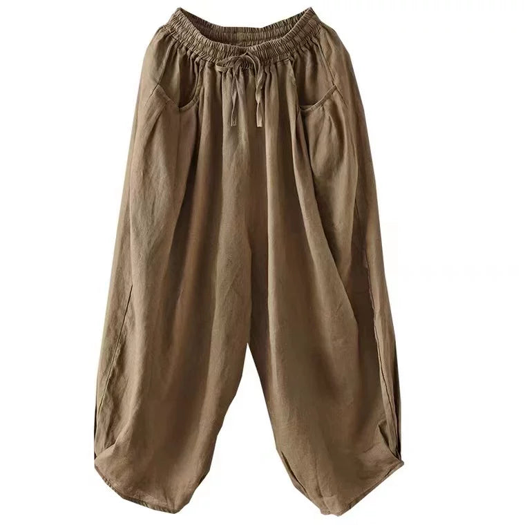 100% Linen Balloon-Leg Pants with Drawstring Waist