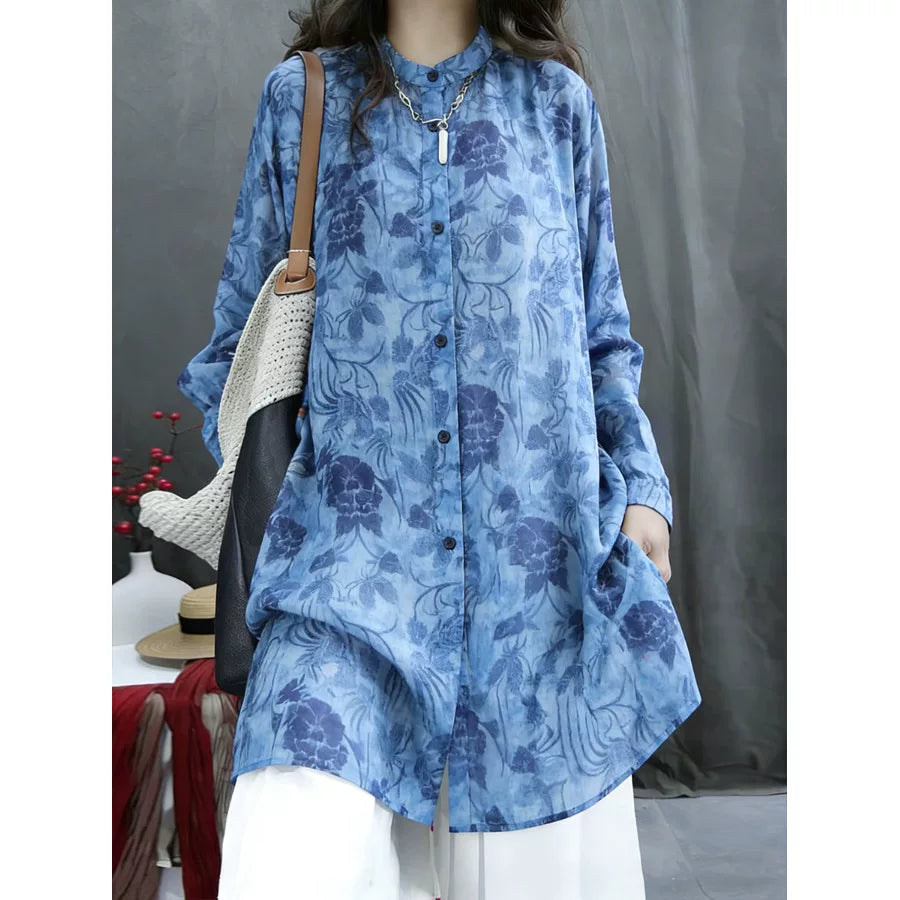 Chiffon Tunic with Blue Floral Print & Side Slits