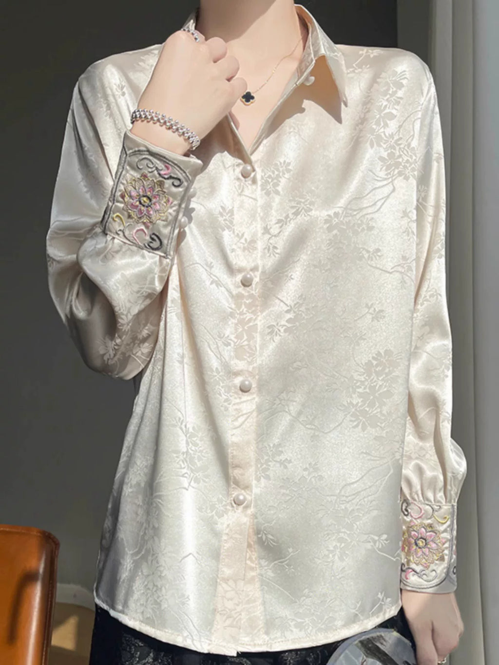 Acetate Satin Floral Shirt with Embroidered Cuffs
