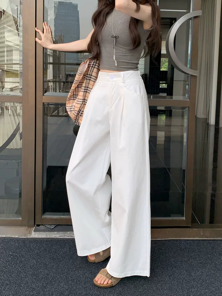 Wide-Leg Pleated Pants in Linen-Look Texture